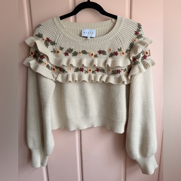 MARBLE Sweaters - MARBLE Cream Floral Ruffle Sweater SzM